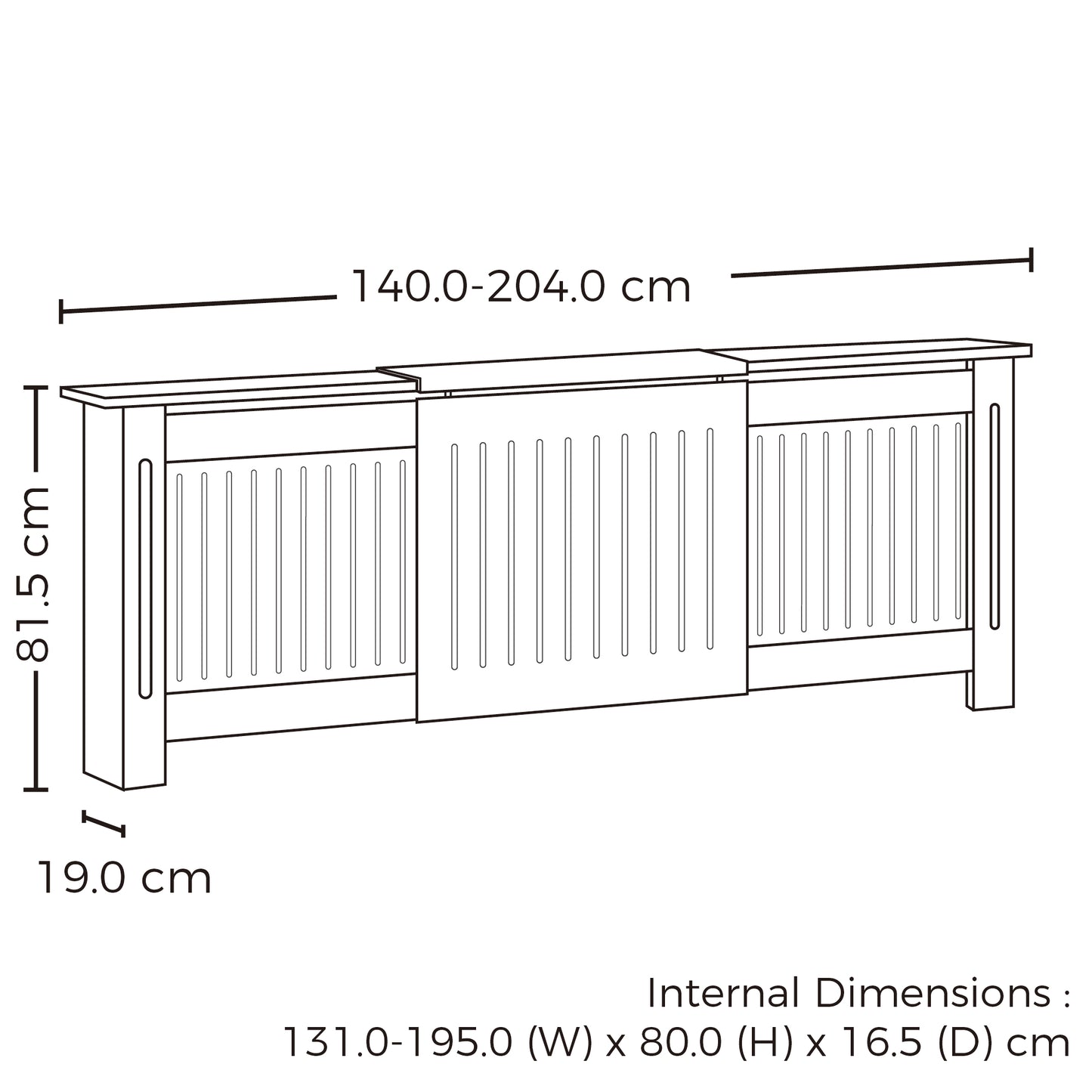 RCXXLVW - Muckross Radiator Cover. Vertical Pattern. Expandable Extra Large Size. Adjust To Fit Larger Radiator Models. White Colour. Dimensions.