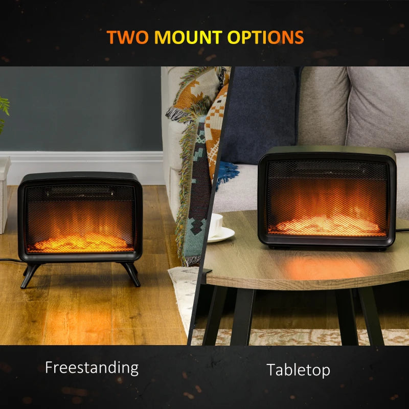 HOMCOM 800W/1600W Electric Fireplace, Freestanding or Tabletop Small Electric Stove with LED Flame Effect and Overheating Protection, Black