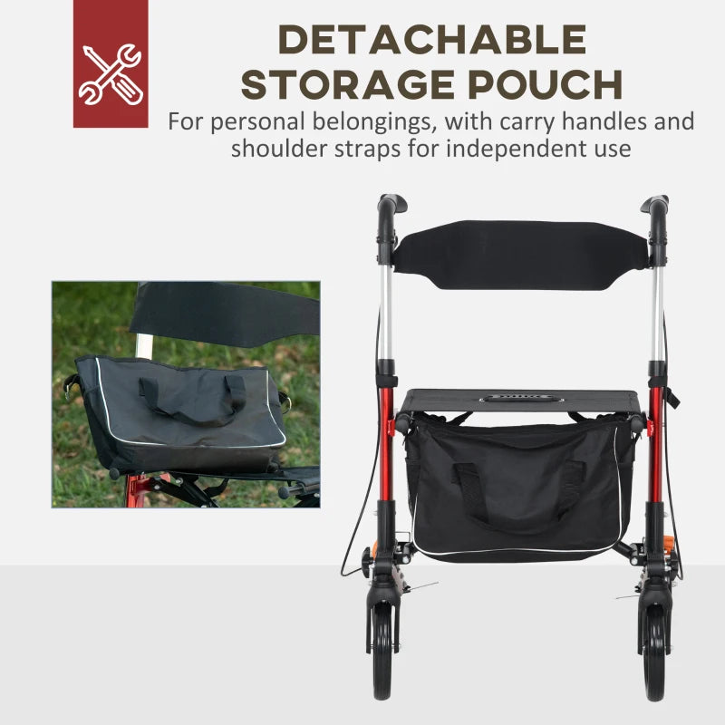 HOMCOM Folding Rollator Walker with Seat and Back, Lightweight Walking Frame with Removable Storage Bag, Dual Brakes, Adjustable Handle, 4 Wheeled Walker for Elderly, Handicapped, Red