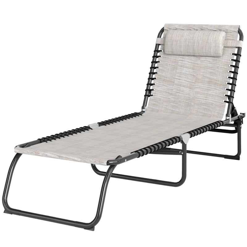 Outsunny Outdoor Foldable Sun Lounger, Patio 4 Level Adjustable Backrest Reclining Chaise Chair, Steel Frame Recliner Chair with Breathable Mesh Fabric Seat, Cream White