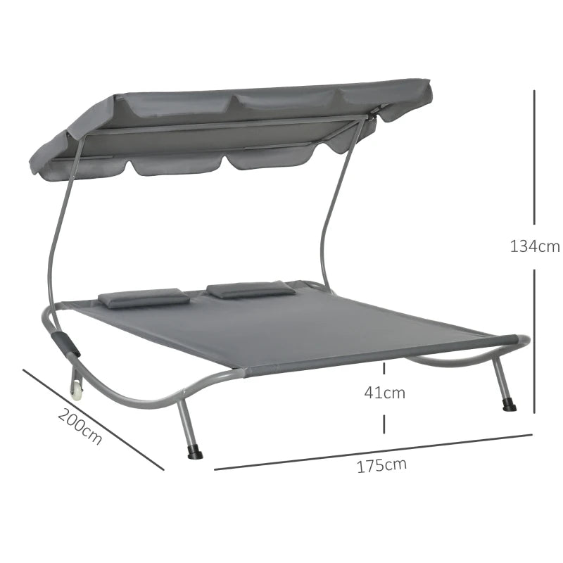 Outsunny Double Hammock Sun Lounger Bed Canopy Shelter Wheels 2 Pillows Patio Grey