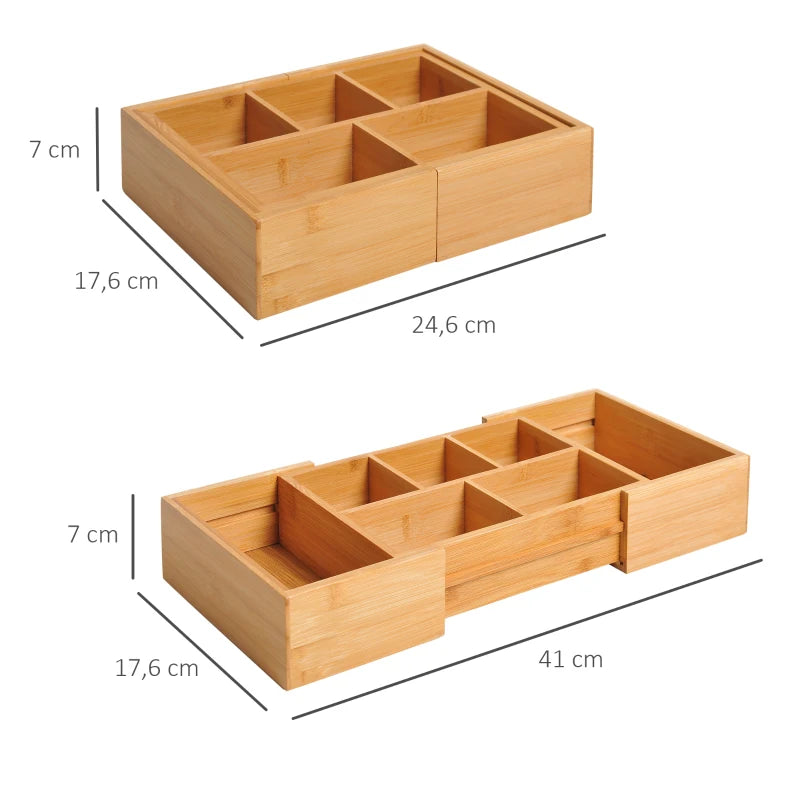 HOMCOM Bamboo Extendable Tray for Drawer with Dividers, 5-7 Compartments, Cutlery Organiser, Drawer Inserts, Natural