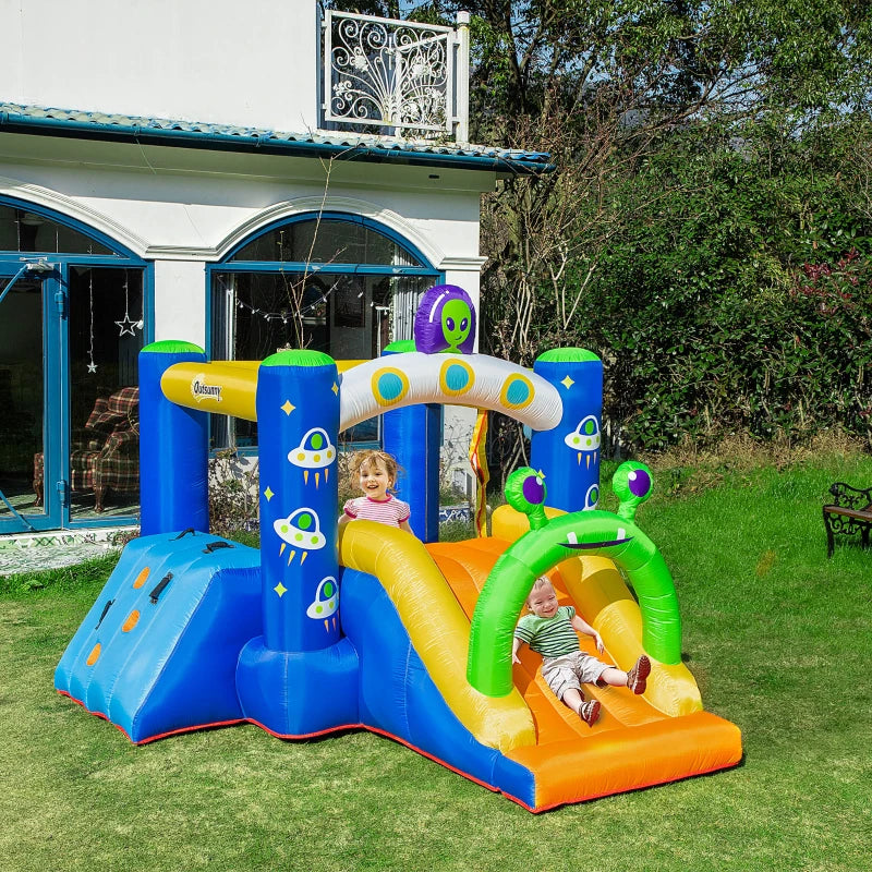 Outsunny 4 in 1 Kids Bouncy Castle Large Alien Style Inflatable House Slide Trampoline Climbing Wall Basket with Air blower Carrybag Patches for Kids Age 3-8