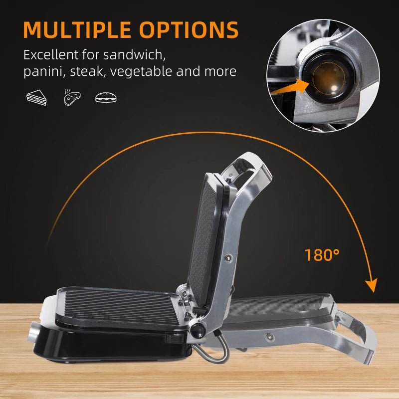 HOMCOM 2100W Health Grill & Panini Press, Electric Non-stick Grill with 8 Automatic Settings, 180° Flat Open, Drip Tray, Removable Plate, Floating Hinges