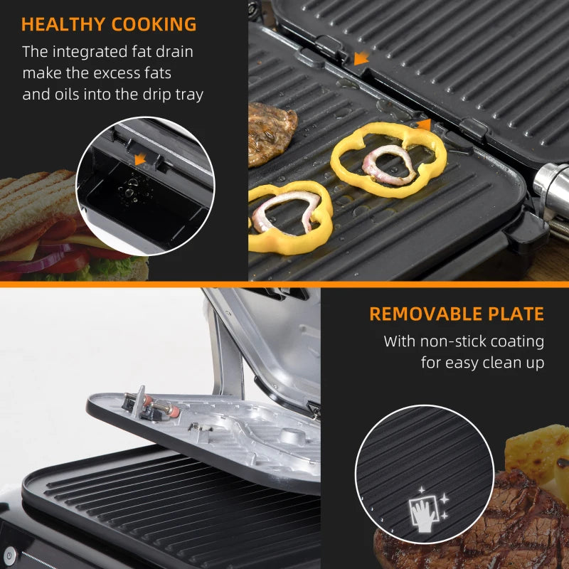 HOMCOM 2100W Health Grill & Panini Press, Electric Non-stick Grill with 8 Automatic Settings, 180° Flat Open, Drip Tray, Removable Plate, Floating Hinges