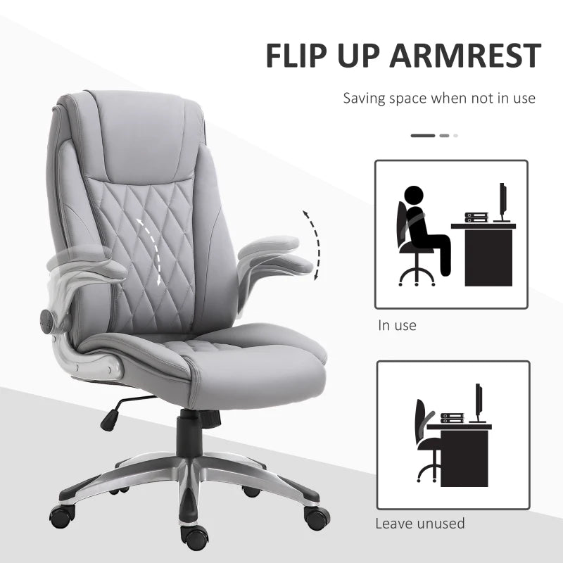 Vinsetto High Back Executive Office Chair, Height Adjustable PU Leather Ergonomic Chair, with Flip-up Arm, 360-Degree Swivel & Wheels, Grey