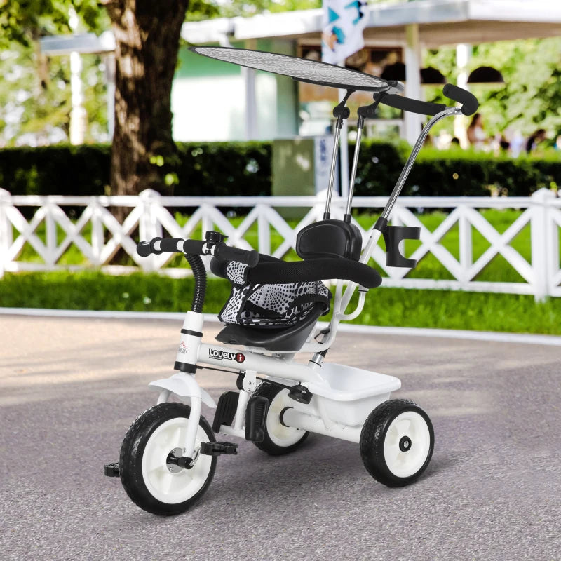 HOMCOM 4 in 1 Tricycle for Kids Toddler Trike with Parent Handle Adjustable Handle Canopy