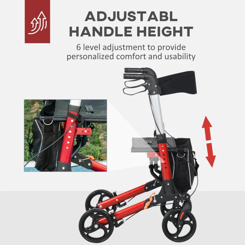 HOMCOM Folding Rollator Walker with Seat and Back, Lightweight Walking Frame with Removable Storage Bag, Dual Brakes, Adjustable Handle, 4 Wheeled Walker for Elderly, Handicapped, Red