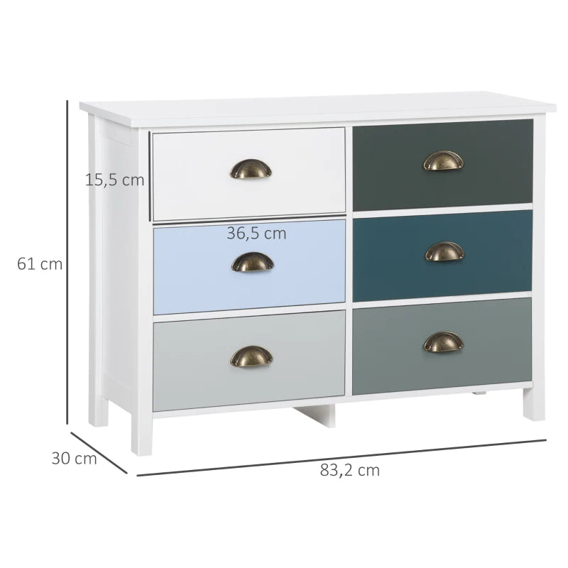 HOMCOM Chest of Drawers, 6-Drawer Dresser, Shabby Chic Storage Cabinet with Antique Handles for Bedroom, Multi-Coloured