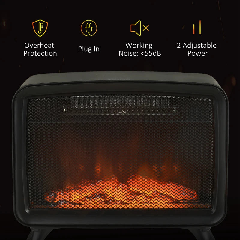 HOMCOM 800W/1600W Electric Fireplace, Freestanding or Tabletop Small Electric Stove with LED Flame Effect and Overheating Protection, Black