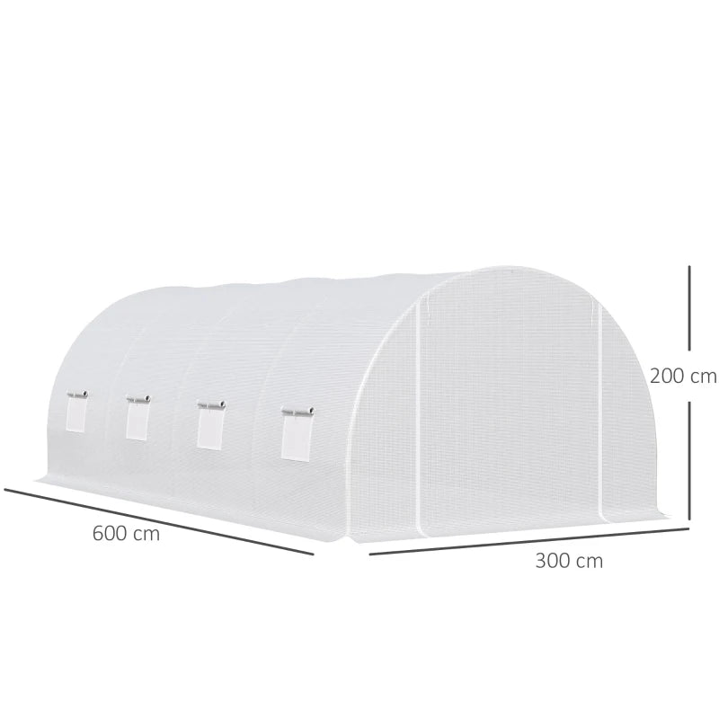 Outsunny 6 x 3 x 2 m Polytunnel Greenhouse, Walk-in Polytunnel Tent with Metal Frame, Zippered Door, and 8 Windows for Garden and Backyard, White