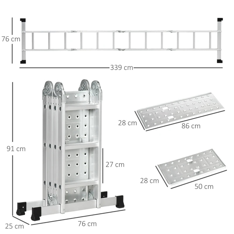 DURHAND Multifunctional 5-in-1 Telescoping Ladder with Safety Platforms, Alloy Aluminium 3.4M Multi Purpose 4-Fold Collapsible Ladder with 12 Steps, 150 kg Weight Capacity