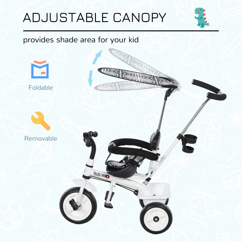 HOMCOM 4 in 1 Tricycle for Kids Toddler Trike with Parent Handle Adjustable Handle Canopy