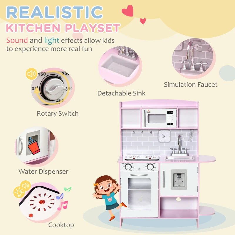 HOMCOM Pink Childrens Kitchen, with Lights, Sounds, Microwave, Sink and Storage