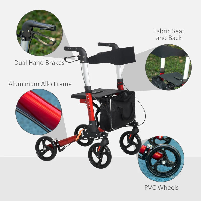 HOMCOM Folding Rollator Walker with Seat and Back, Lightweight Walking Frame with Removable Storage Bag, Dual Brakes, Adjustable Handle, 4 Wheeled Walker for Elderly, Handicapped, Red
