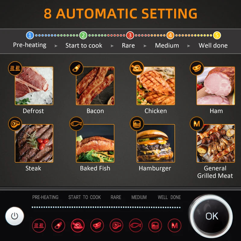 HOMCOM 2100W Health Grill & Panini Press, Electric Non-stick Grill with 8 Automatic Settings, 180° Flat Open, Drip Tray, Removable Plate, Floating Hinges