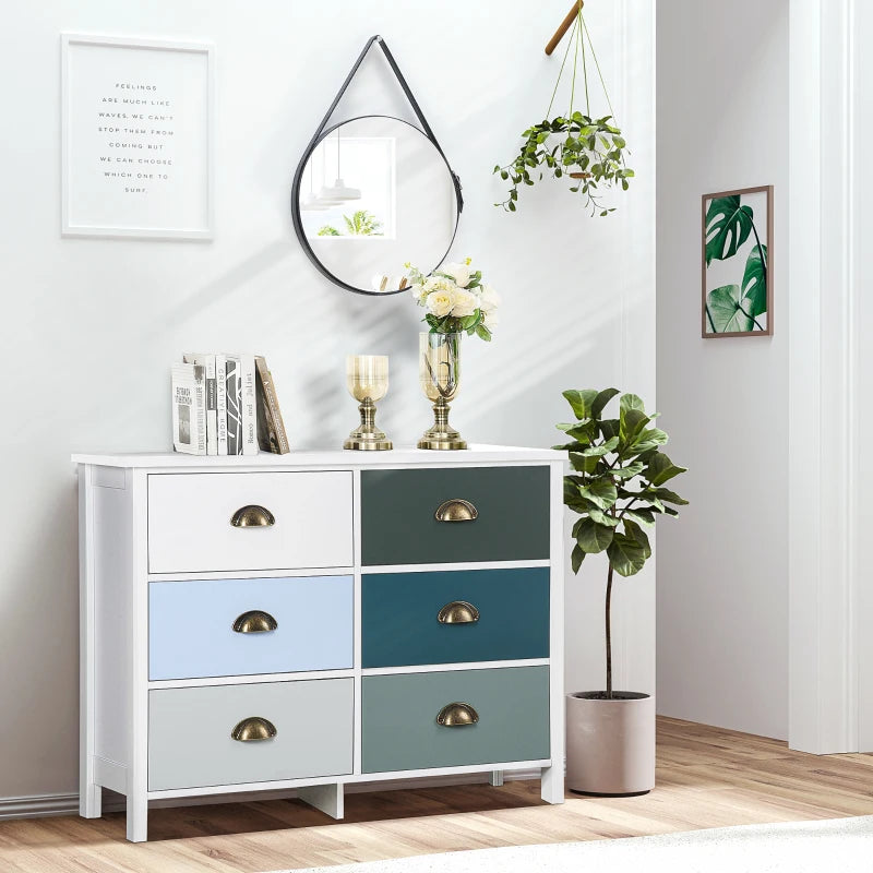 HOMCOM Chest of Drawers, 6-Drawer Dresser, Shabby Chic Storage Cabinet with Antique Handles for Bedroom, Multi-Coloured