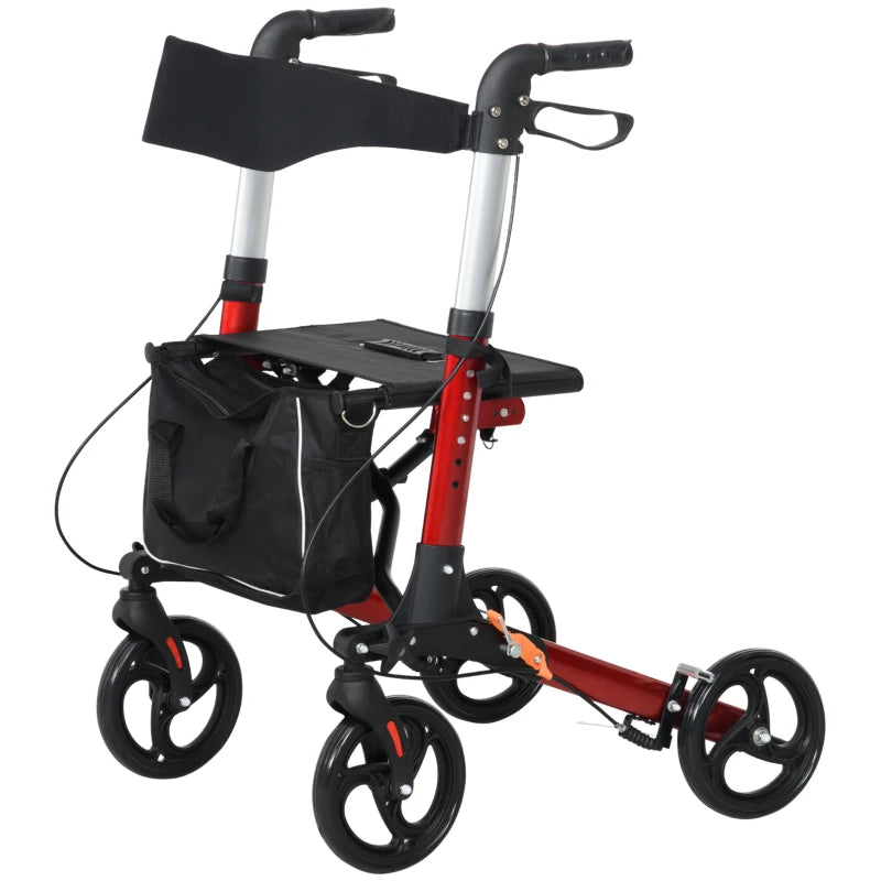 HOMCOM Folding Rollator Walker with Seat and Back, Lightweight Walking Frame with Removable Storage Bag, Dual Brakes, Adjustable Handle, 4 Wheeled Walker for Elderly, Handicapped, Red