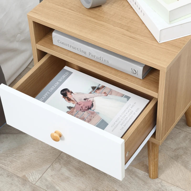 HOMCOM Wooden Bedside Table, with Drawer and Shelf, Modern Nightstand, End Table for Living Room, Bedroom, Natural