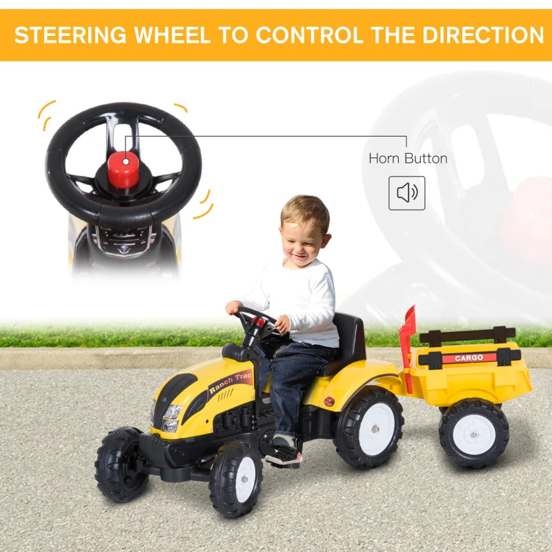 HOMCOM Pedal Go Kart, Kids Ride on Tractor, Child Four Wheels Toy with Shovel and Rake