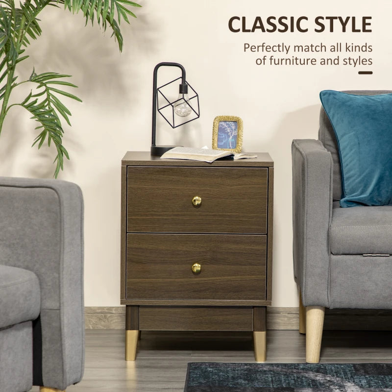 HOMCOM Bedside Table, Modern Nightstand with 2 Drawers, End Side Table for Bedroom and Living Room, Brown