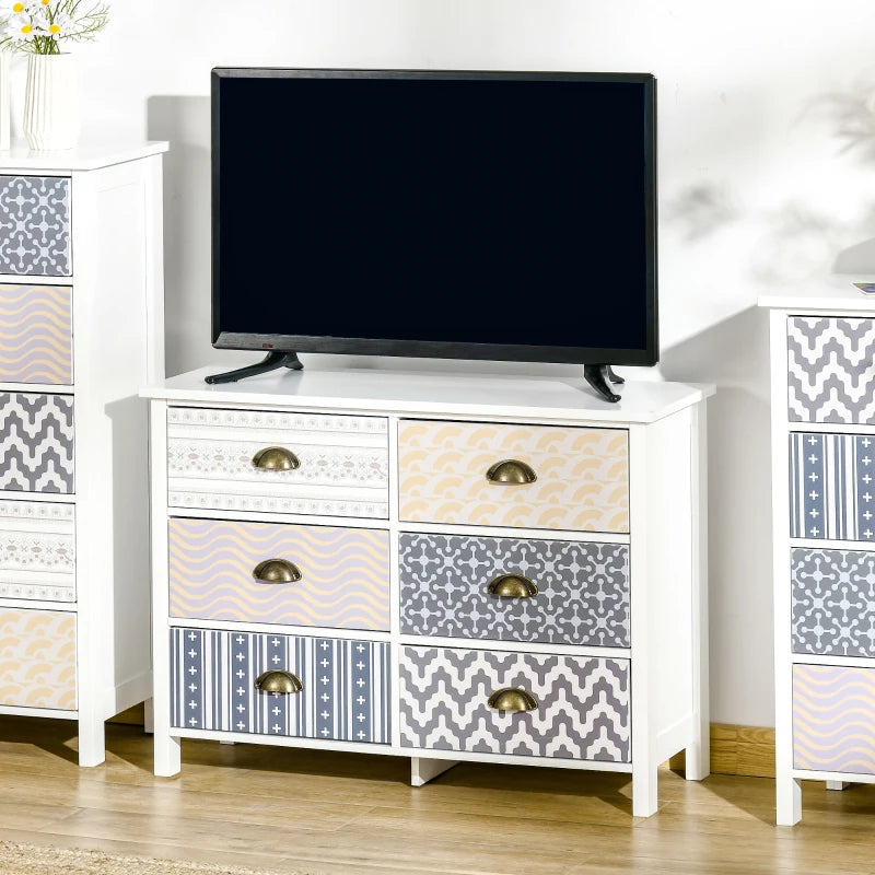 HOMCOM Chest of Drawers, 6 Drawer Dresser w/ Antique Metal Handles and Multi-Coloured Patterns, Storage Drawer Unit for Bedroom