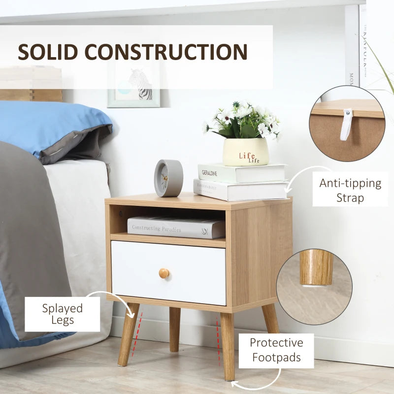 HOMCOM Wooden Bedside Table, with Drawer and Shelf, Modern Nightstand, End Table for Living Room, Bedroom, Natural