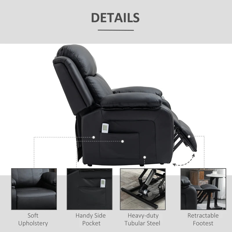 HOMCOM Electric Armchair for Elderly, Leather, w/ Remote Control, Footstool, Black