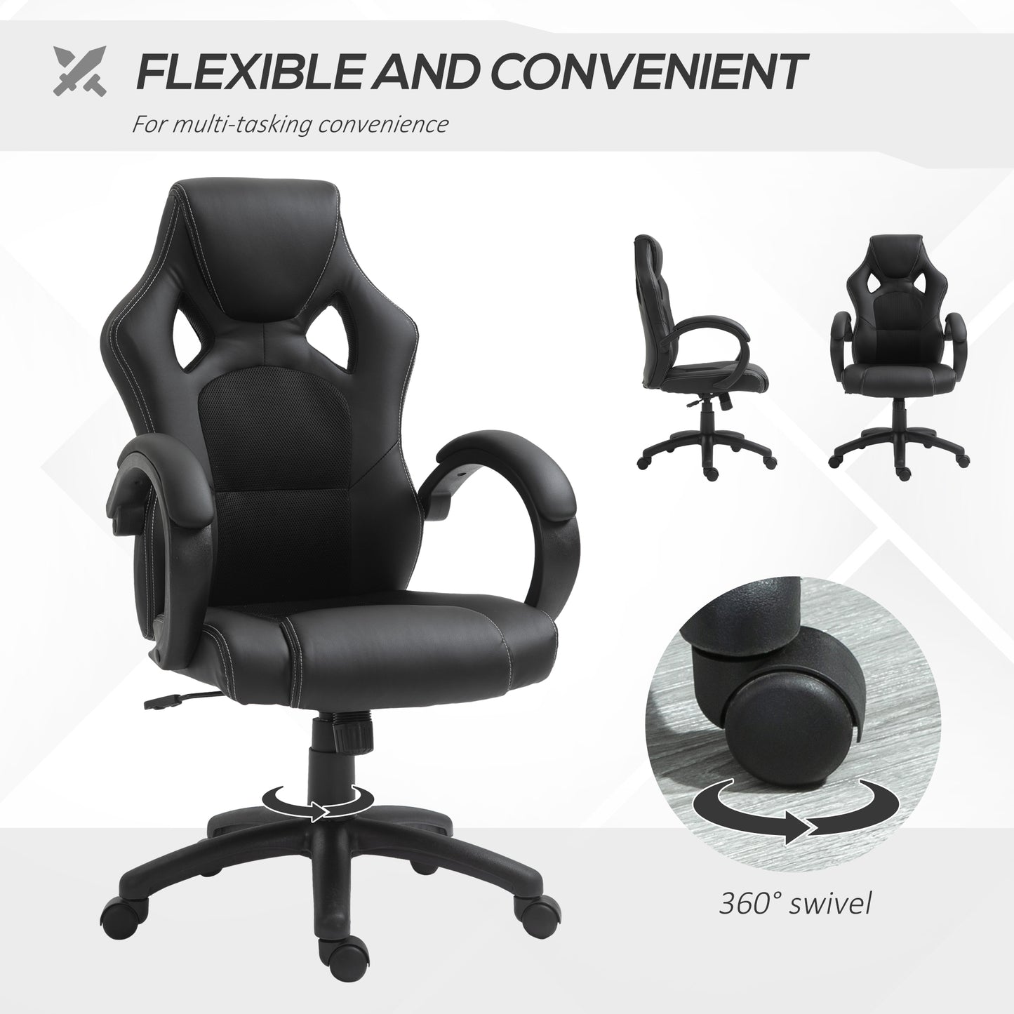 Vinsetto High-Back Gaming Chair with 360-degree Swivel & Wheels, Faux Leather Computer Racing Gamer Desk Chair for Home Office, Black