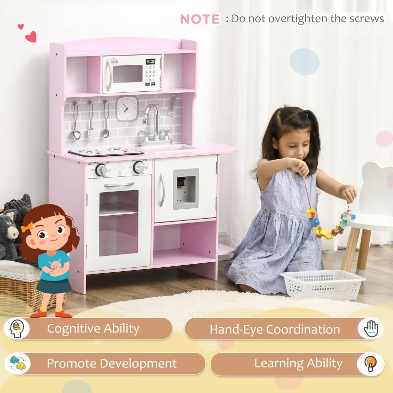 HOMCOM Pink Childrens Kitchen, with Lights, Sounds, Microwave, Sink and Storage