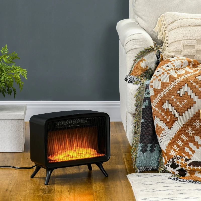 HOMCOM 800W/1600W Electric Fireplace, Freestanding or Tabletop Small Electric Stove with LED Flame Effect and Overheating Protection, Black
