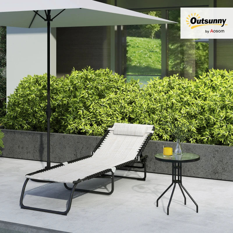 Outsunny Outdoor Foldable Sun Lounger, Patio 4 Level Adjustable Backrest Reclining Chaise Chair, Steel Frame Recliner Chair with Breathable Mesh Fabric Seat, Cream White