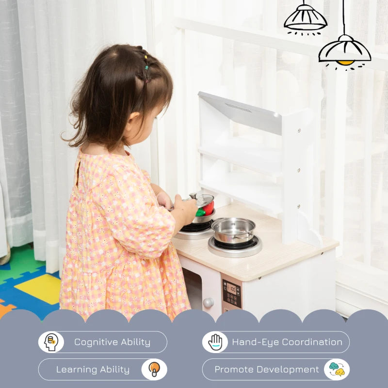 HOMCOM Wooden Kids Toy Kitchen, Play Cooking Set Pretend Role Playset, with Cooking Bench, Pots, Storage Basket, for 3-6 Years