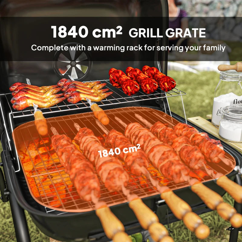 Outsunny Charcoal Barbecue Grill Portable BBQ Grill with 1840 cm² Cooking Area, 3 Shelves, Adjustable Vent, Lockable Lid, Wheels for Outdoor Cooking, Garden Party, Black