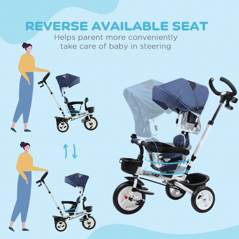 HOMCOM 4 in 1 Tricycle for Kids Toddler Folding Trike with Parent Handle Reversible Seat Adjustable Handle Removable Canopy Safety Belt Blue