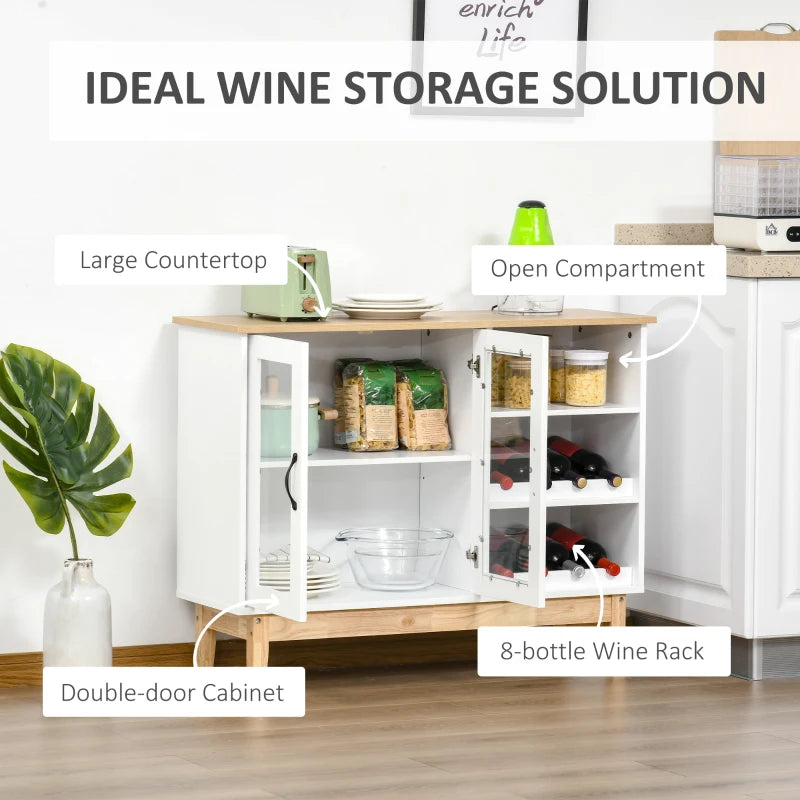 HOMCOM 8 Bottles Wine Cabinet with Tabletop, Storage Cabinet Sideboard with Wine Holder, 2 Glass Door Display Cupboard, Soft Close, Adjustable Shelf, White