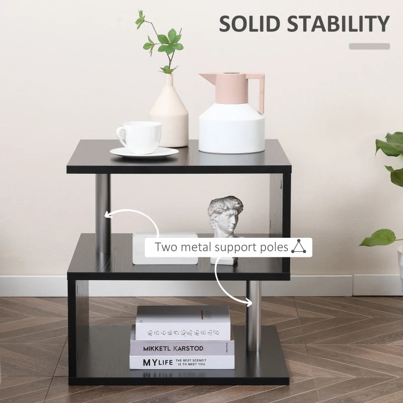 HOMCOM S-Shaped Coffee Table, Cube End Table with 2 Tier Storage Shelves for Living Room, Bedroom, Black