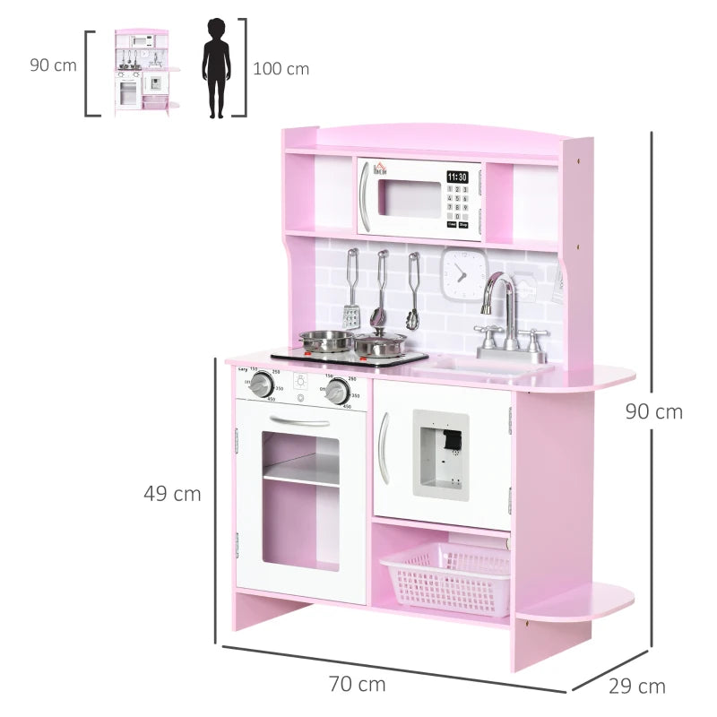 HOMCOM Pink Childrens Kitchen, with Lights, Sounds, Microwave, Sink and Storage