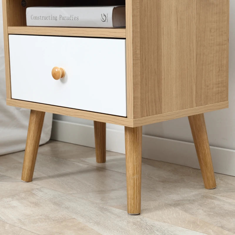 HOMCOM Wooden Bedside Table, with Drawer and Shelf, Modern Nightstand, End Table for Living Room, Bedroom, Natural