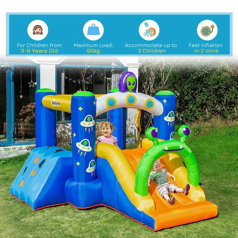 Outsunny 4 in 1 Kids Bouncy Castle Large Alien Style Inflatable House Slide Trampoline Climbing Wall Basket with Air blower Carrybag Patches for Kids Age 3-8