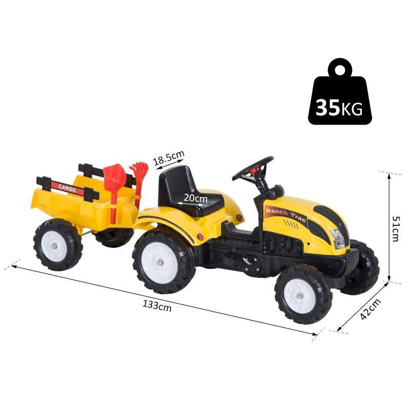 HOMCOM Pedal Go Kart, Kids Ride on Tractor, Child Four Wheels Toy with Shovel and Rake