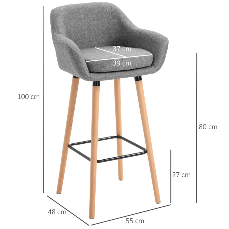 HOMCOM Linen Upholstered Set Of 2 Home Bar Stools Grey