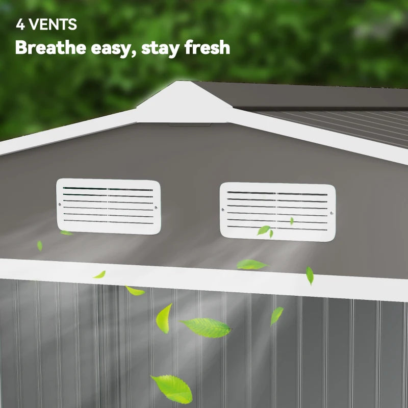 Outsunny 9 x 6FT Outdoor Garden Roofed Metal Storage Shed Tool Box with Foundation Ventilation & Doors Light, Grey