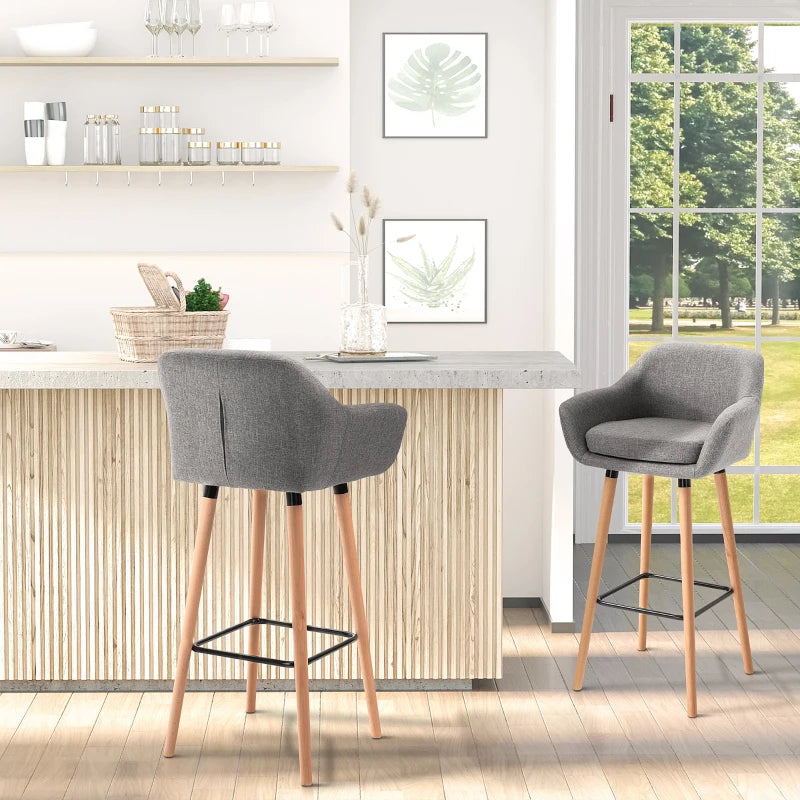 HOMCOM Linen Upholstered Set Of 2 Home Bar Stools Grey