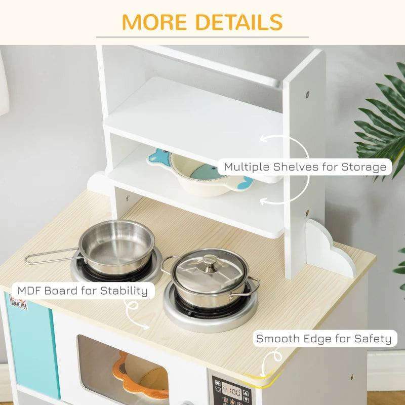 HOMCOM Wooden Kids Toy Kitchen, Play Cooking Set Pretend Role Playset, with Cooking Bench, Pots, Storage Basket, for 3-6 Years