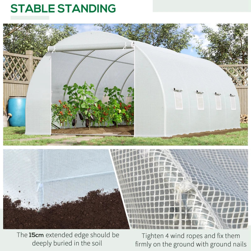 Outsunny 6 x 3 x 2 m Polytunnel Greenhouse, Walk-in Polytunnel Tent with Metal Frame, Zippered Door, and 8 Windows for Garden and Backyard, White