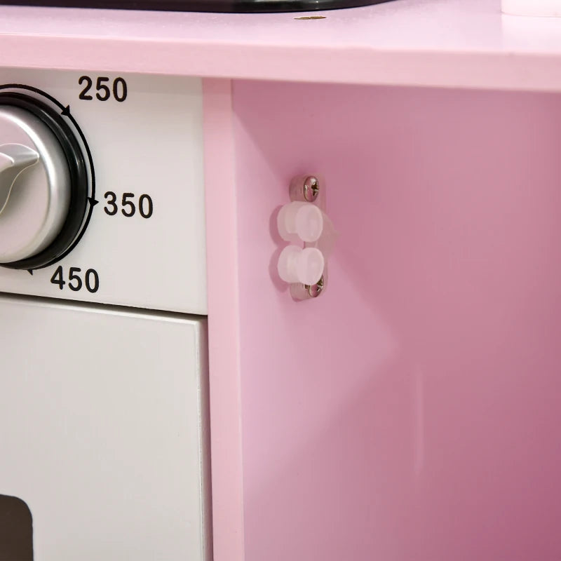 HOMCOM Pink Childrens Kitchen, with Lights, Sounds, Microwave, Sink and Storage