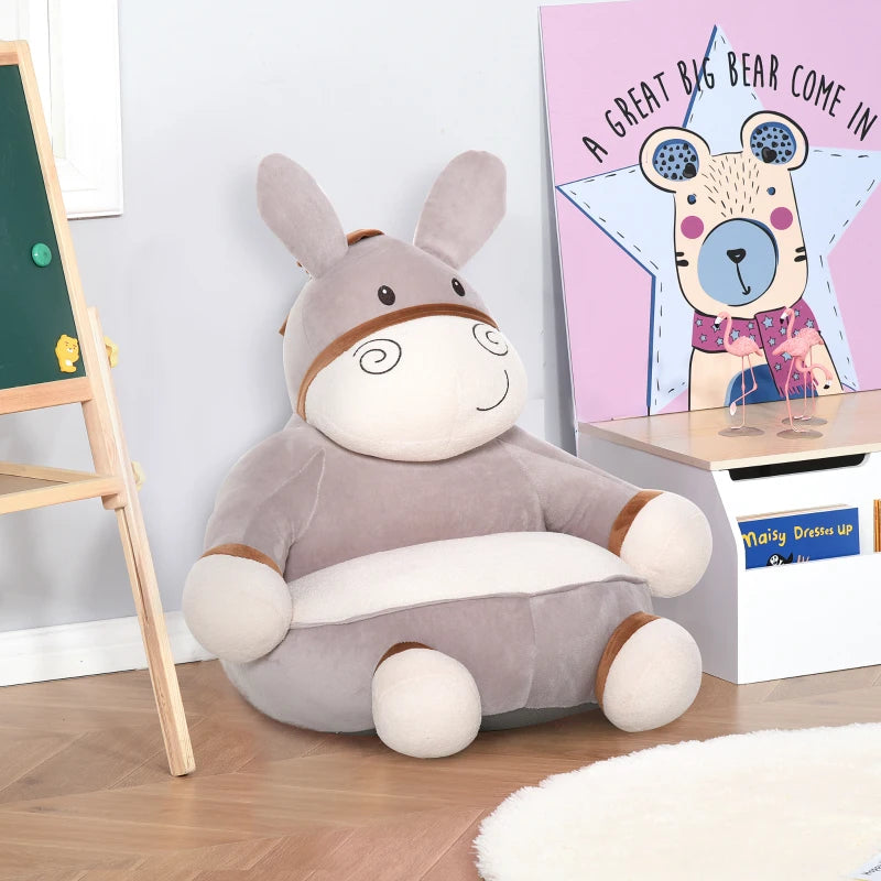 HOMCOM Toddlercouch, Cartoon Cute Donkey Multi-functional with Armrest Flannel PP Cotton 60 x 55 x 60cm Grey