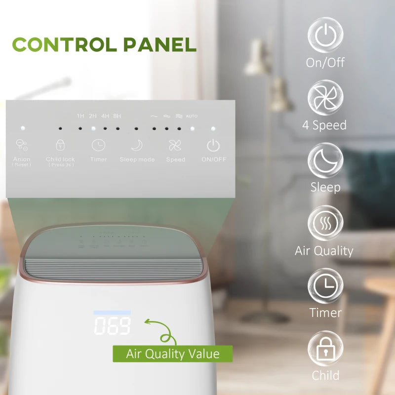 HOMCOM Quiet Air Purifiers for Bedroom with 3-Stage Carbon HEPA Filtration System, Air Monitor, Timer, Air Cleaner with 4 Speeds, Remove Smoke Dust Pollen Odours