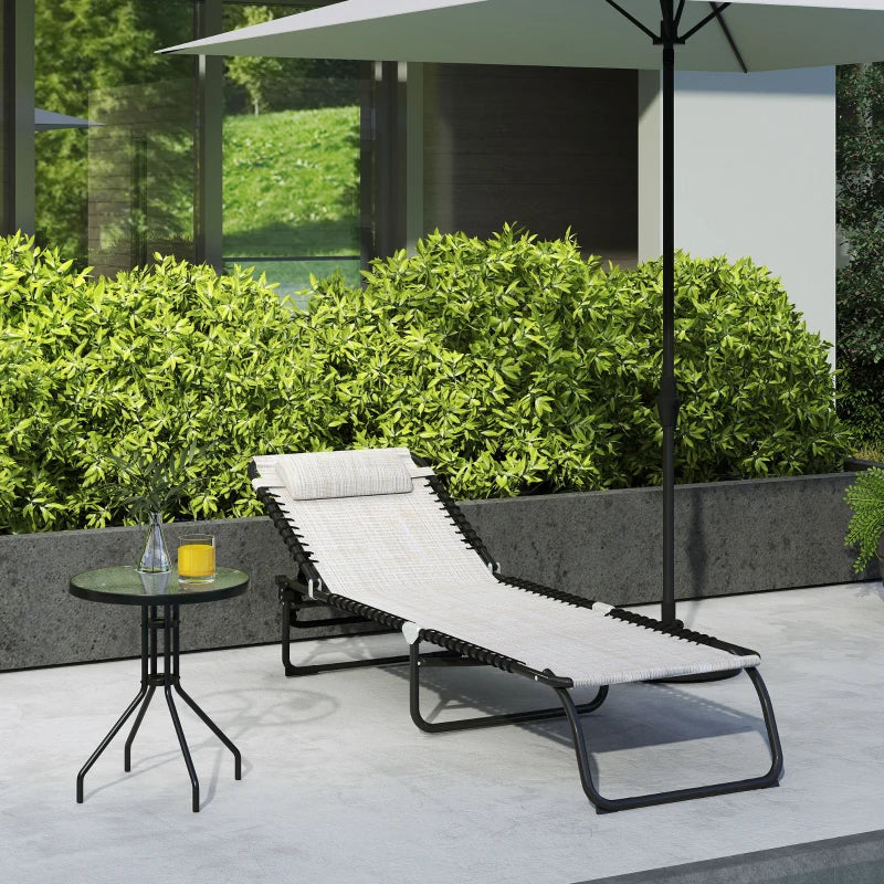 Outsunny Outdoor Foldable Sun Lounger, Patio 4 Level Adjustable Backrest Reclining Chaise Chair, Steel Frame Recliner Chair with Breathable Mesh Fabric Seat, Cream White